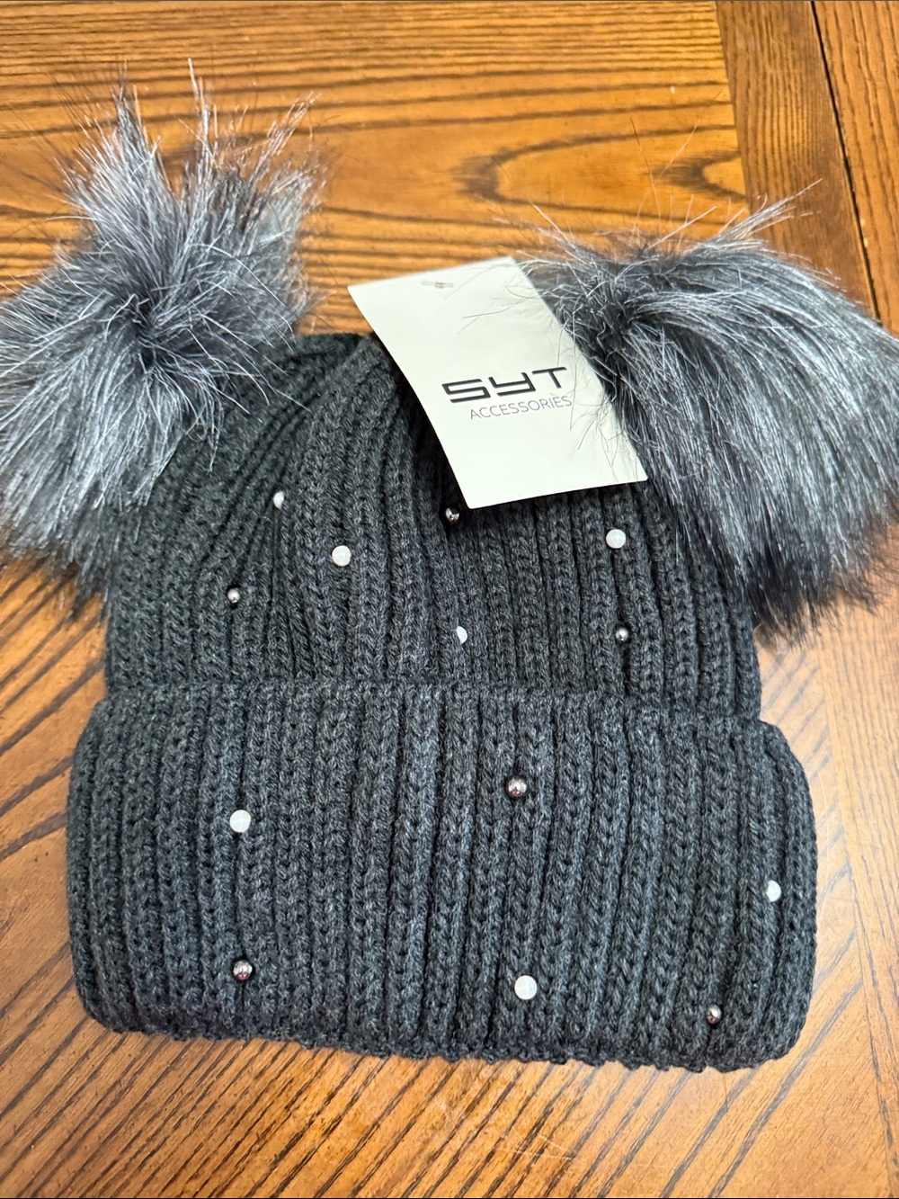 WOMENS SYT Pearl and Pompoms Winter Hat. NWT. Dark Gray.
